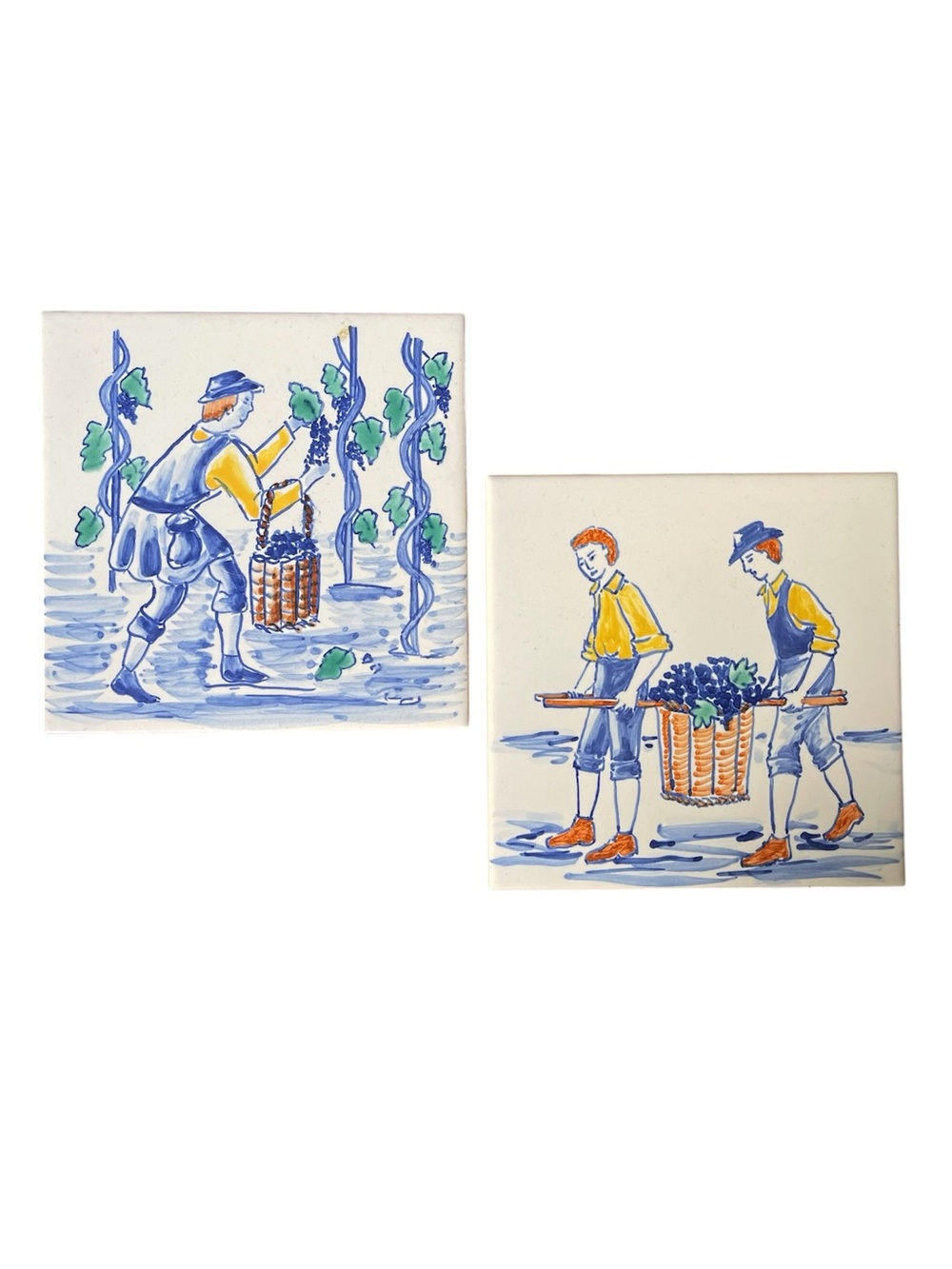Vintage Pair Portuguese Ceramic Tiles - Grape Harvesting